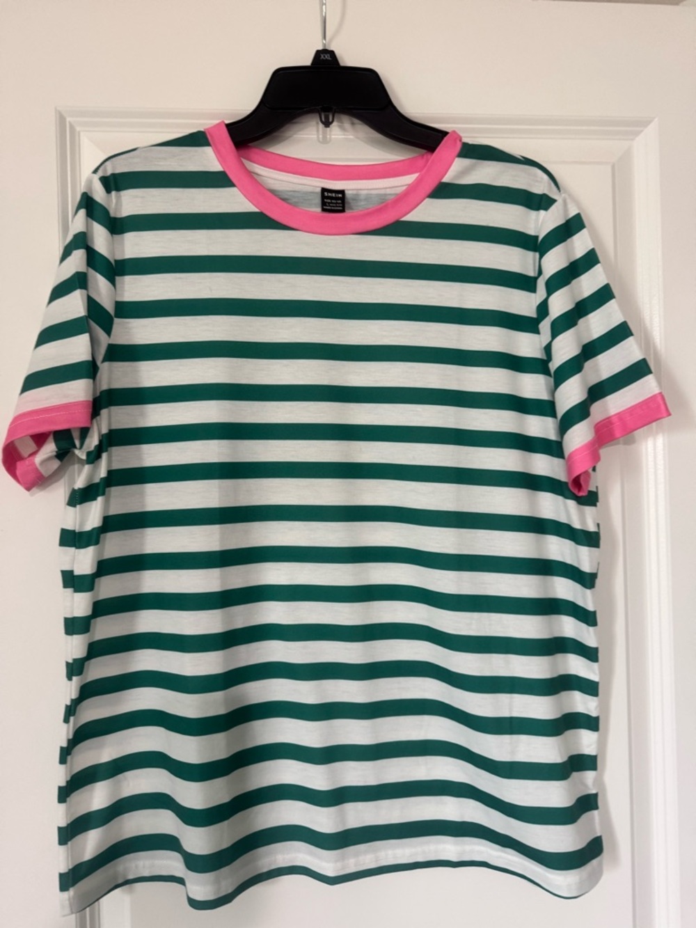 SHEIN Green and White Striped Tee with Pink Trim
